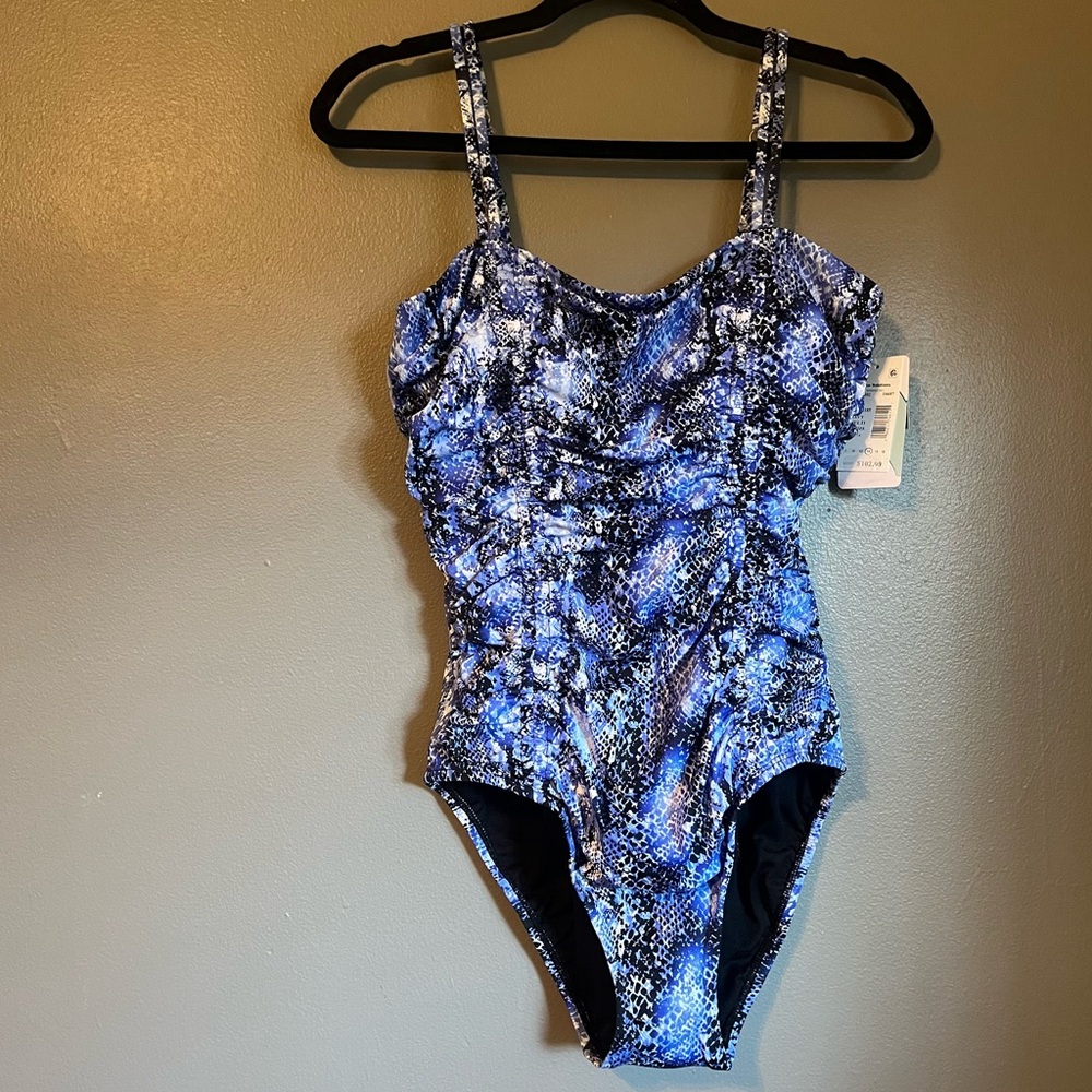 NWT Swim Solutions Sz 14 Women’s Blue Snakeskin Animal One-Piece Swimsuit $102!